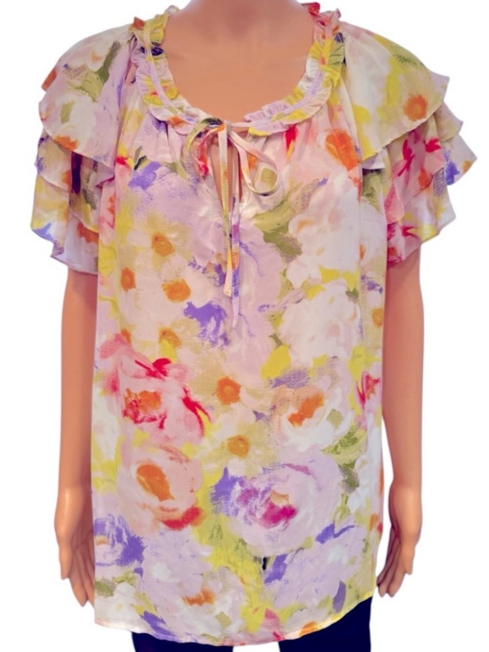 CYNTHIA ROWLEY Colorful Floral Ruffle Short Sleeve Front Tie
Blouse NWT 2X